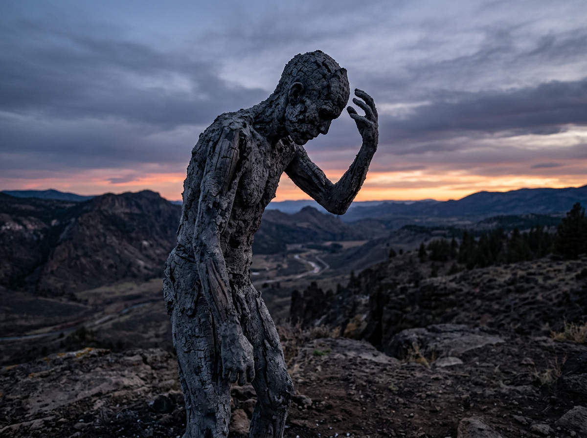 Charred wooden human sculpture in contemplative pose at sunset in mountainous landscape
